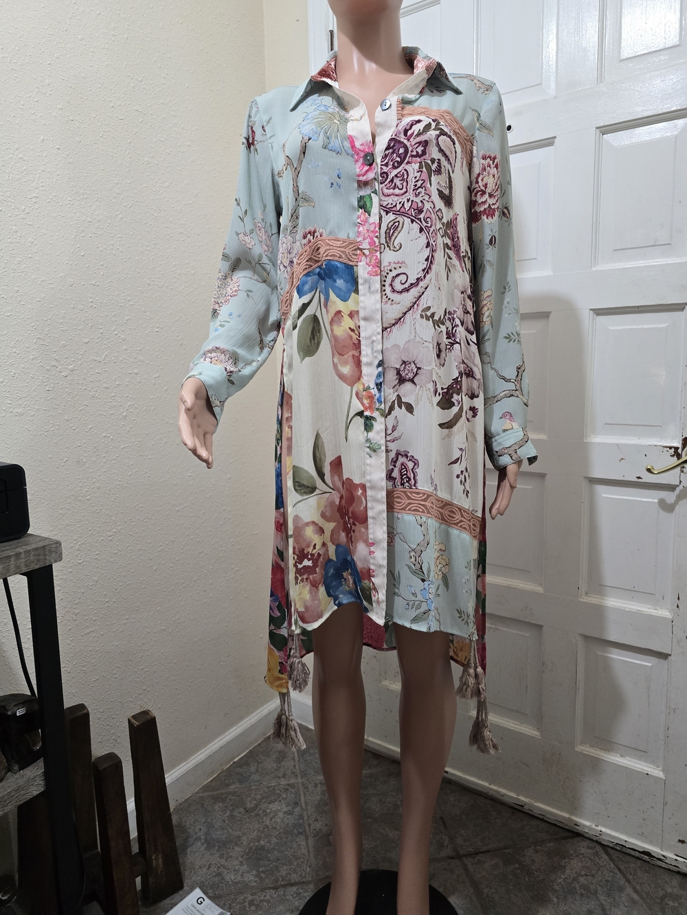 John Mark Pastel Floral Blouse with Dusty Rose Trim
